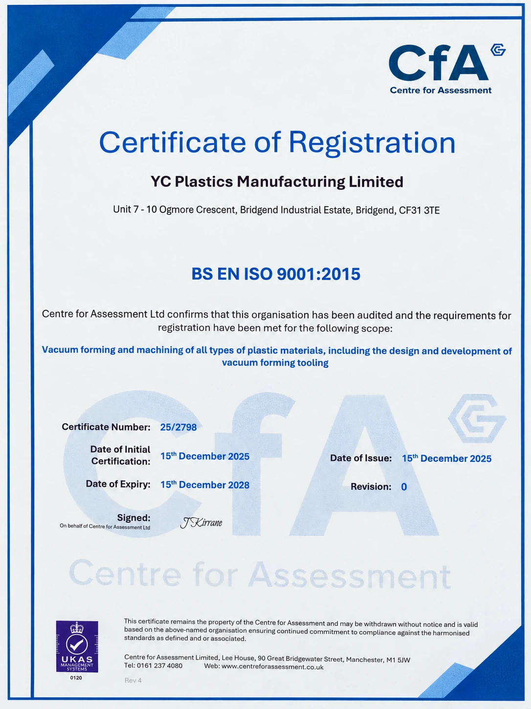 YC Plastics BS EN ISO 9001:2015 certificate